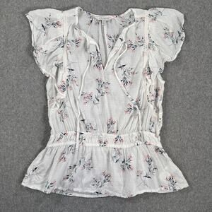 Lucky Brand Floral Swiss Dot Peplum Blouse Women's Small White Pink V-Neck